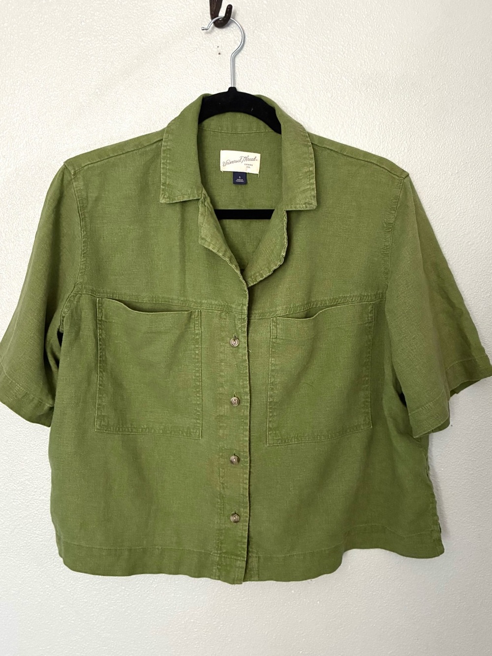 Universal Thread Linen Blend Cropped Button Front Shirt Green  Women’s S